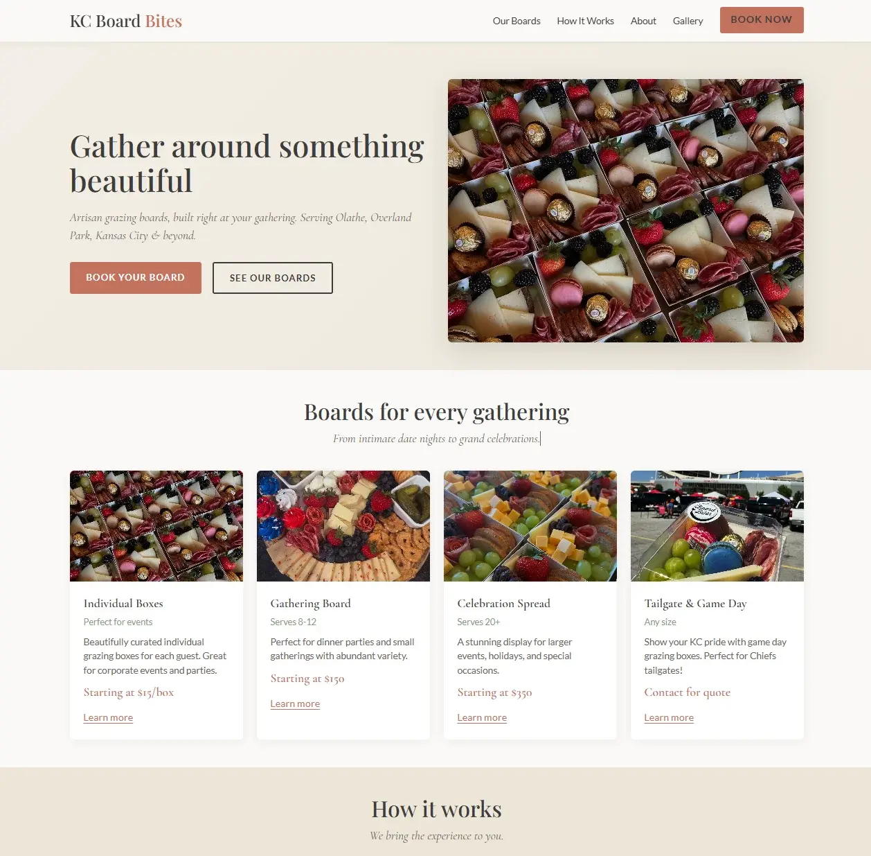 KC Board Bites website - artisan charcuterie boards in Kansas City