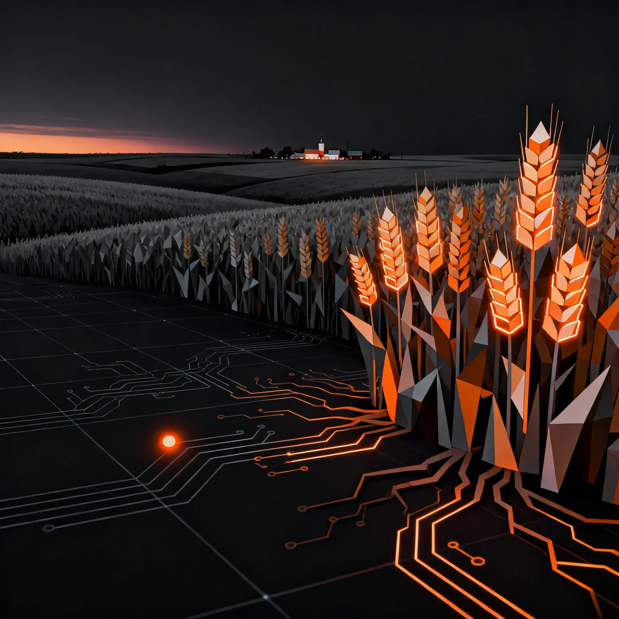 Kansas wheat fields meets technology - circuit board patterns flowing into stylized wheat